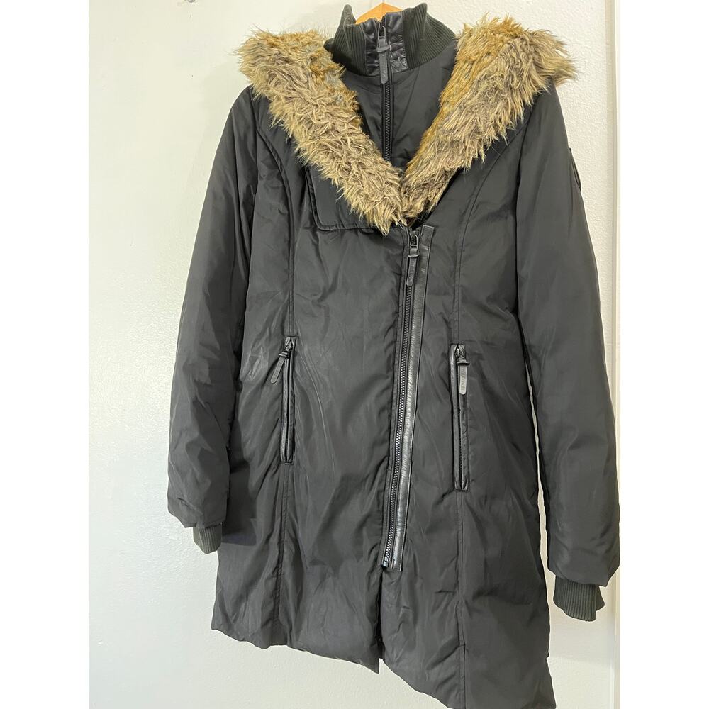ATELIER NOIR Fur Trim Hooded Coat Black Solid Long Sleeve Size M